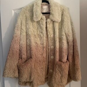 Anthropologie Cream and Tan Faux Fur Coat